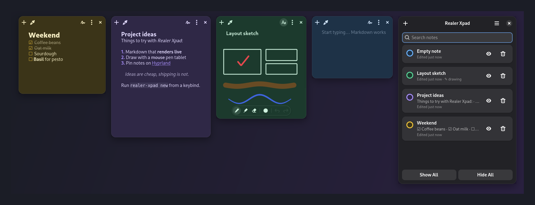 Four sticky notes and the notes manager in dark mode
